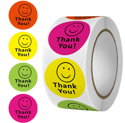 Etiquetas adhesivas de agradecimiento redondas impermeables coloridas CMYK, cara sonriente de 1 pulgada
